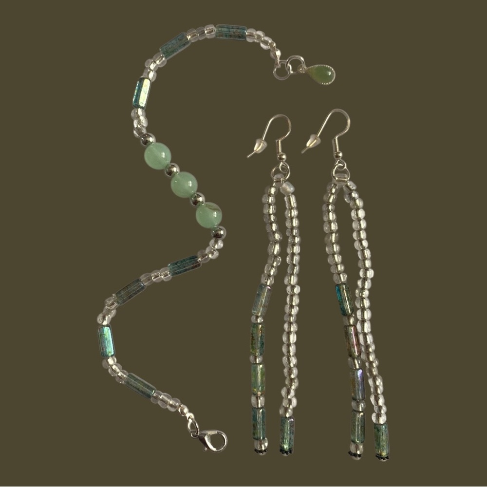 Handmade Green Beaded Bracelet and Dangle Earrings Set